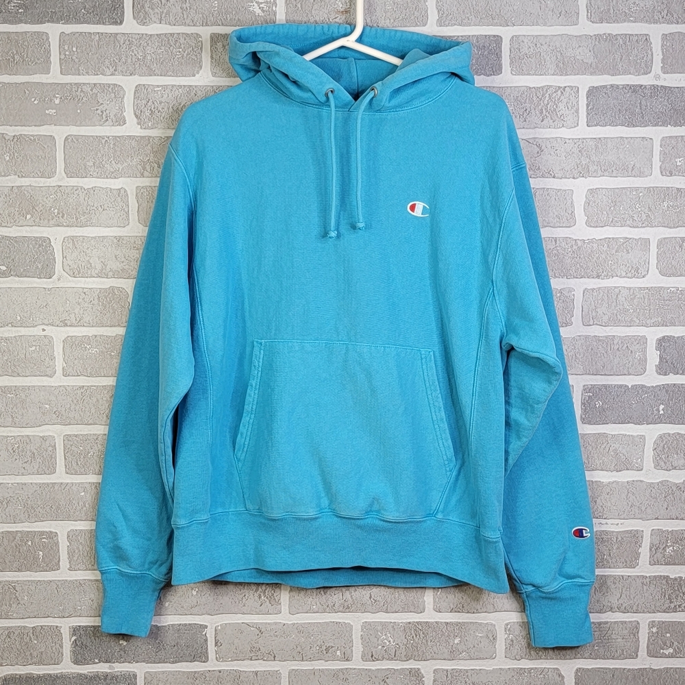 Champion Reverse Weave Y2K Light Blue Spell Out Hoodie Hooded Sweatshirt Men's M
